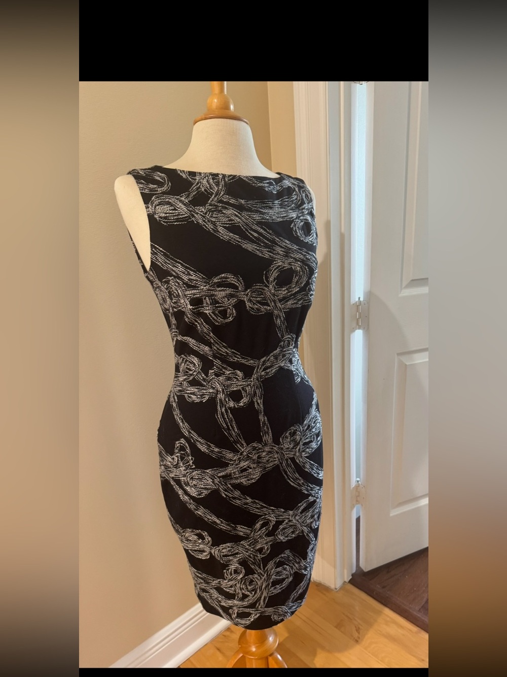 Cache Black Sheath Dress with White Rope Print